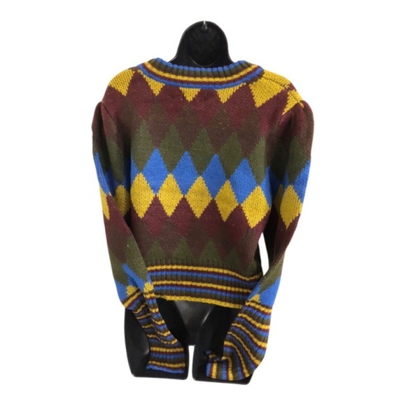 Brown multi argyle look pleated shoulders cuffed sleeves crewneck sweater size L - Picture 12 of 15
